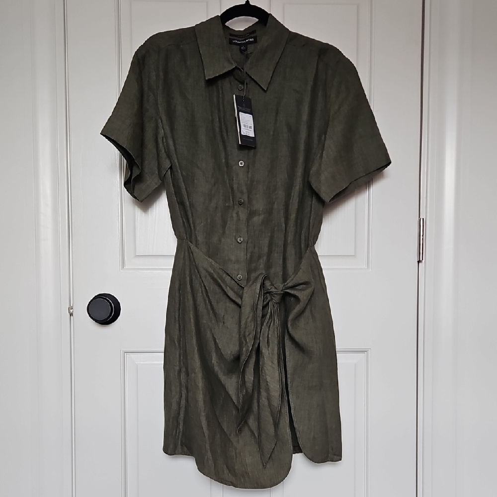 Country Road Olive Green Short Sleeve Shirt Dress with Waist Tie